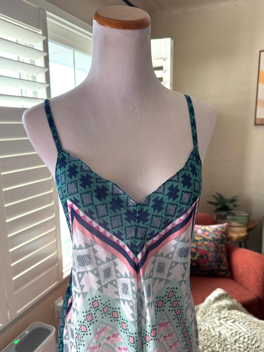 F21 Sheer Boho V-Neck Pink & Teal Maxi Cover Up/Dress - Picture 2 of 5